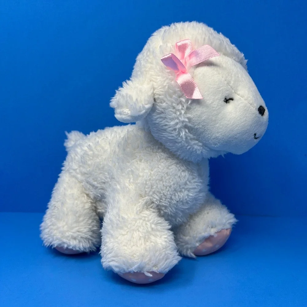 Carters Plush Lamb Small White Pink Bow Polka Dot Feet‎ Heart Patch Nursery Toy